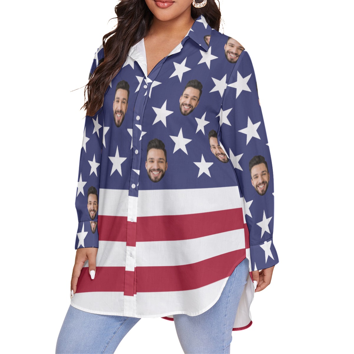 Funny Custom Face American Flag Women's Hawaiian Plus Size Shirt
