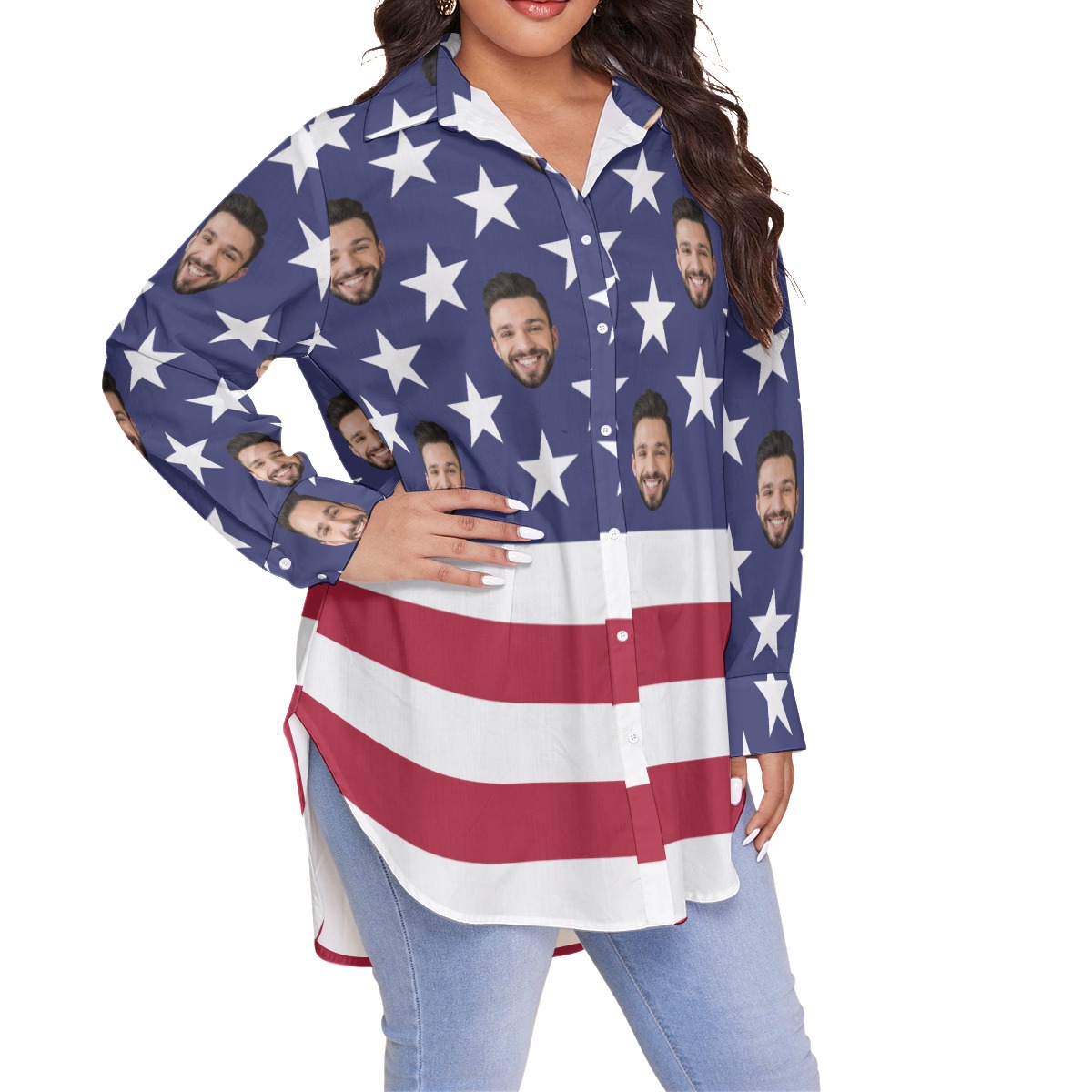 Funny Custom Face American Flag Women's Hawaiian Plus Size Shirt
