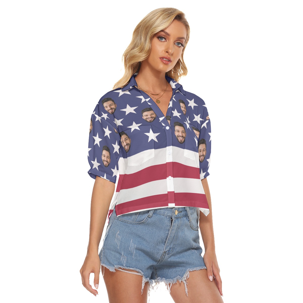 Custom Face American Flag Aloha Cropped Shirt For Women