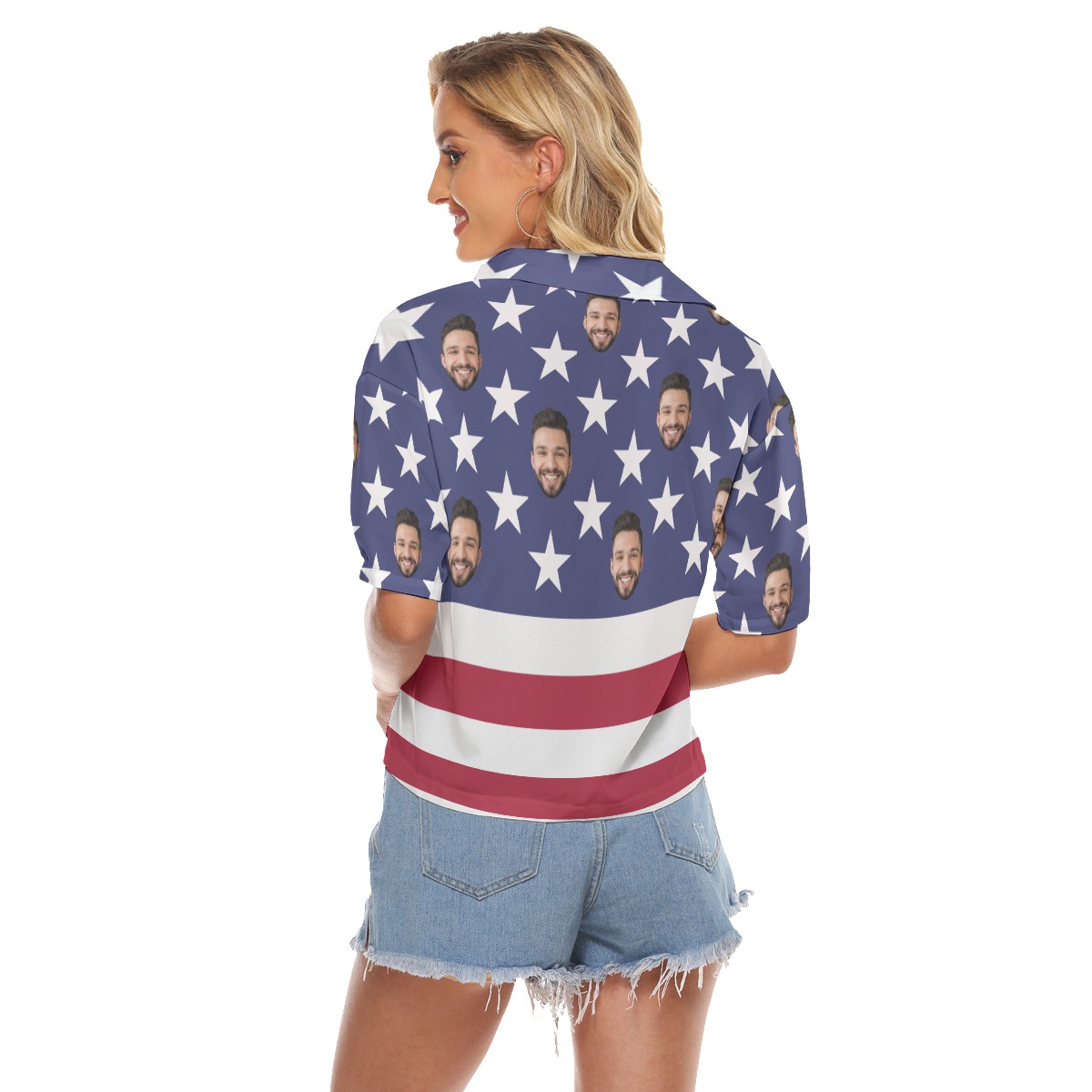Custom Face American Flag Aloha Cropped Shirt For Women