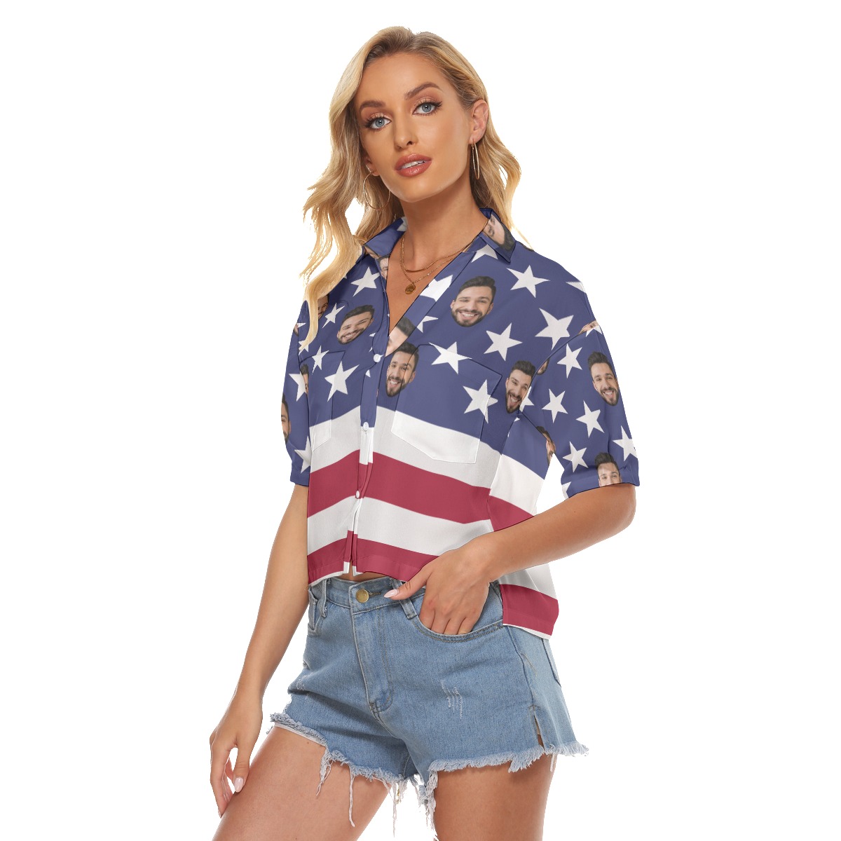 Custom Face American Flag Aloha Cropped Shirt For Women