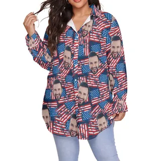 American Flag Custom Face Hawaiian Plus Size Shirt For Women
