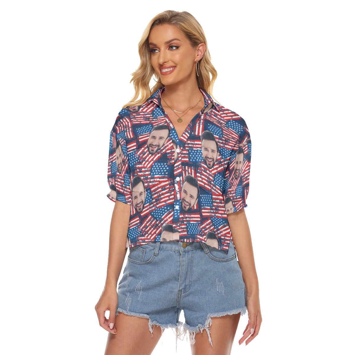 Funny Custom Face Patriotic Hawaiian Cropped Shirt For Women - variant image 1