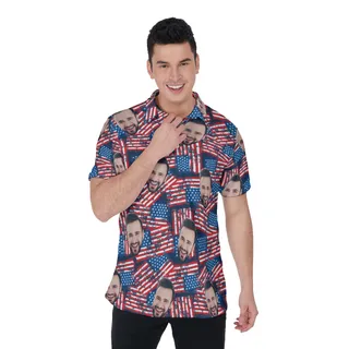 Custom Face American Flag Hawaiian Polo Shirt For Men