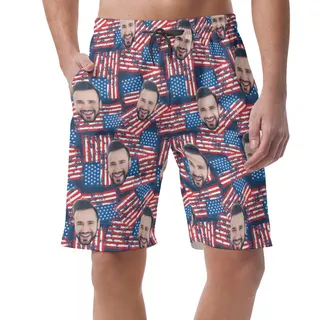 American Flag Custom Face Summer Beach Shorts For Men