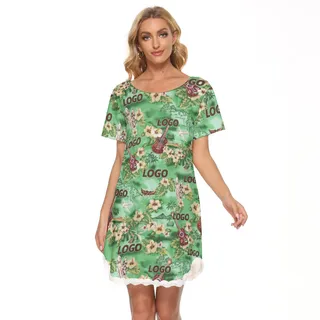 Custom Logo Floral Green Hawaiian Dress With Lace
