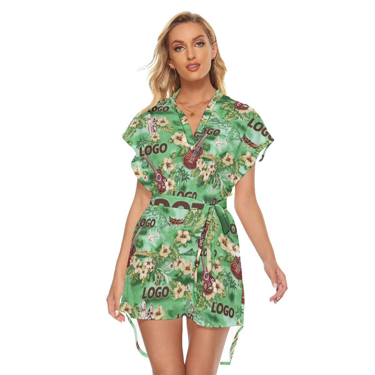 Funny Custom Logo With Tropical Patterns Hawaiian Dress With Belt - variant image 1