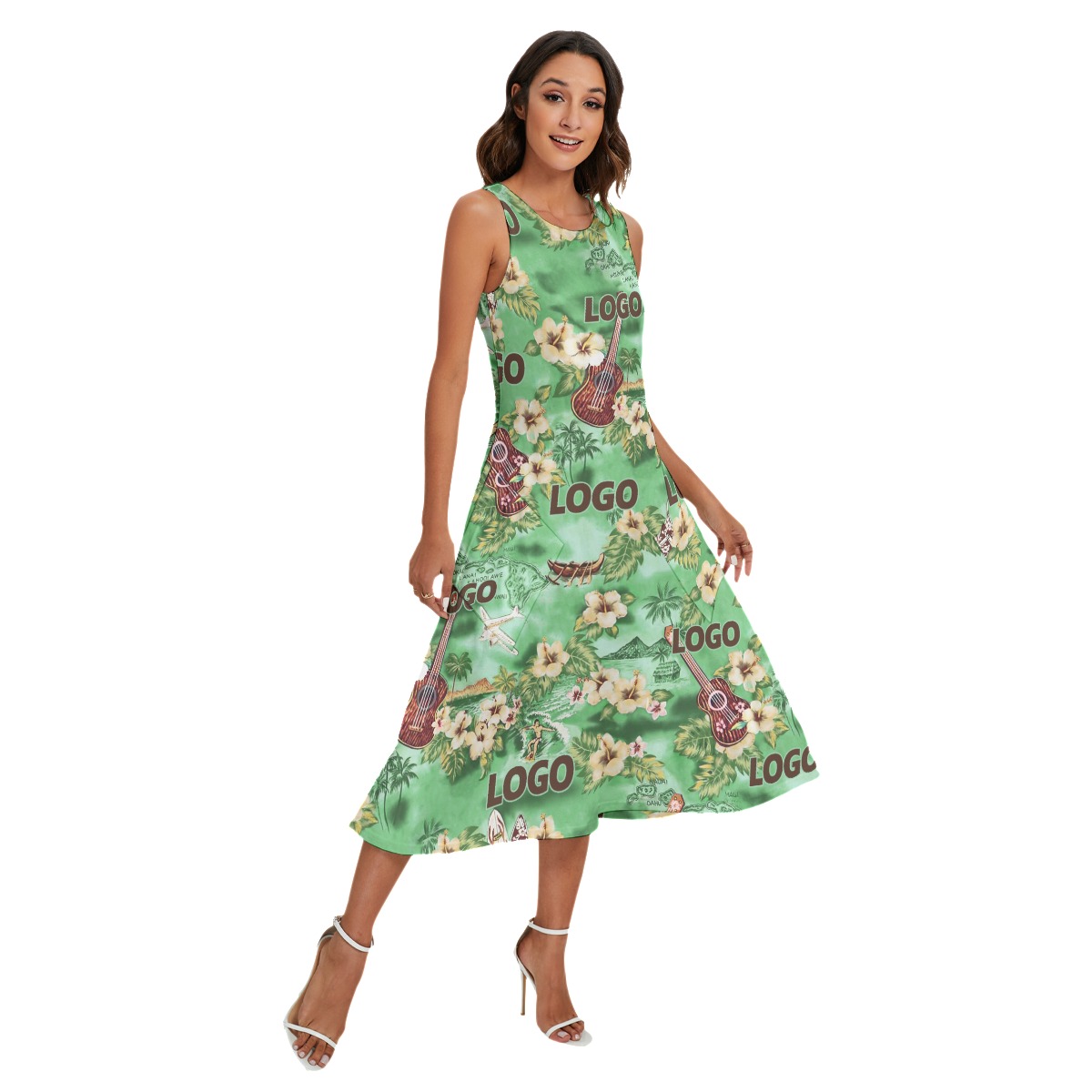 Custom Logo Green Floral Aloha Long Dress With Pockets - variant image 1
