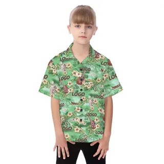 Cute Custom Logo Tropical Green Aloha Shirt For Kids