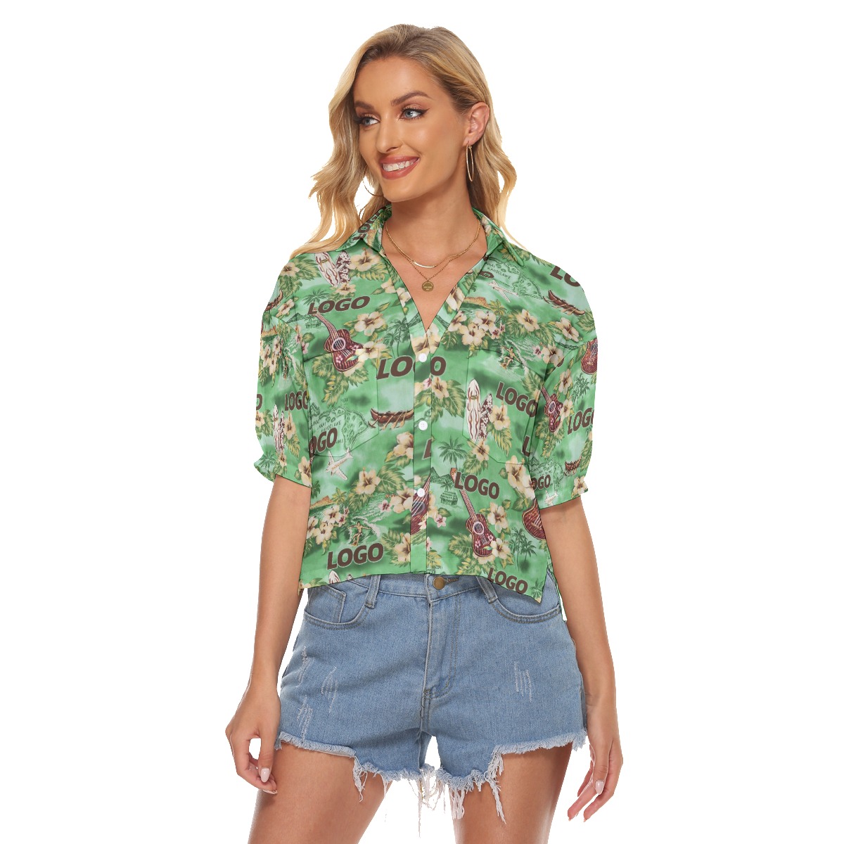 Custom Logo Floral Green Aloha Crop Top Shirt For Women - variant image 1