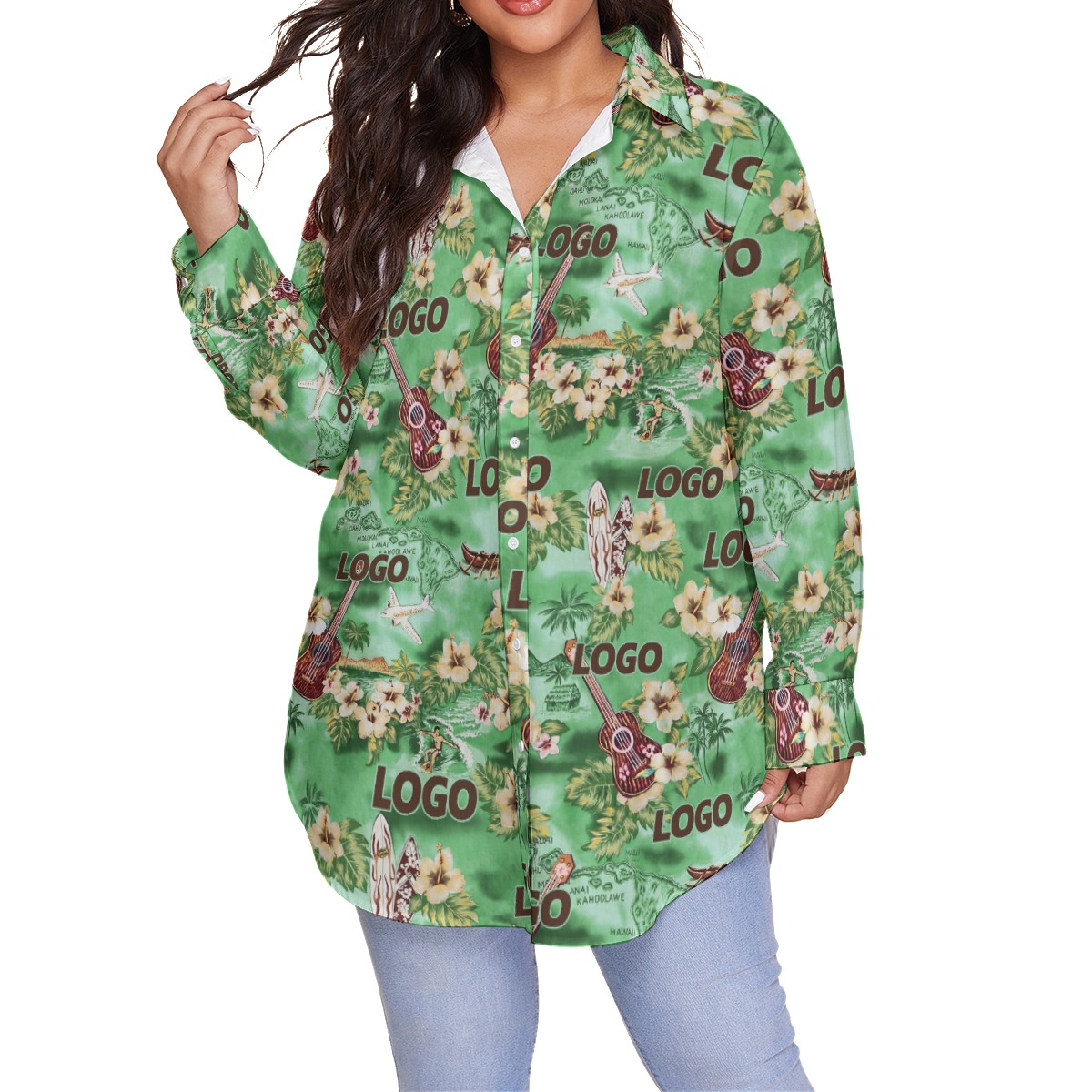Tropical Custom Logo Green Hawaiian Plus Size Shirt For Women - variant image 1