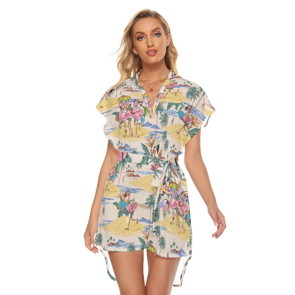 Funny Flamingo On Beach Hawaiian Dress With Belt For Women - variant image 1