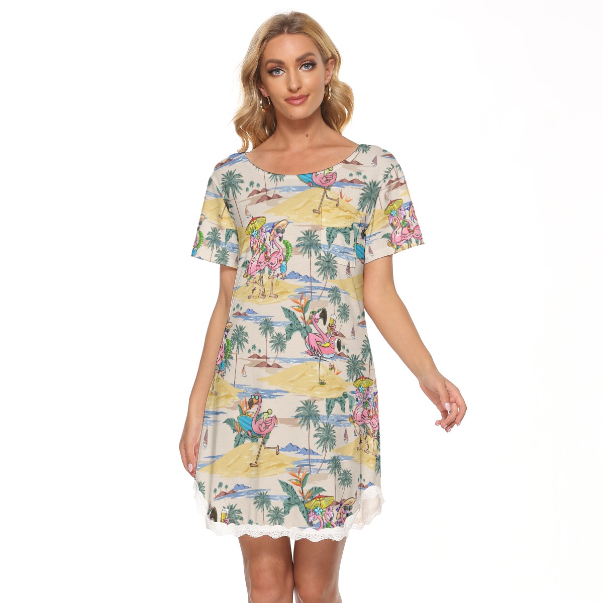 Tropical Flamingo Hawaiian Dress With Lace For Summer Vacation - variant image 1