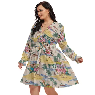Funny Flamingo On Beach Hawaiian V-Neck Dress Plus Size