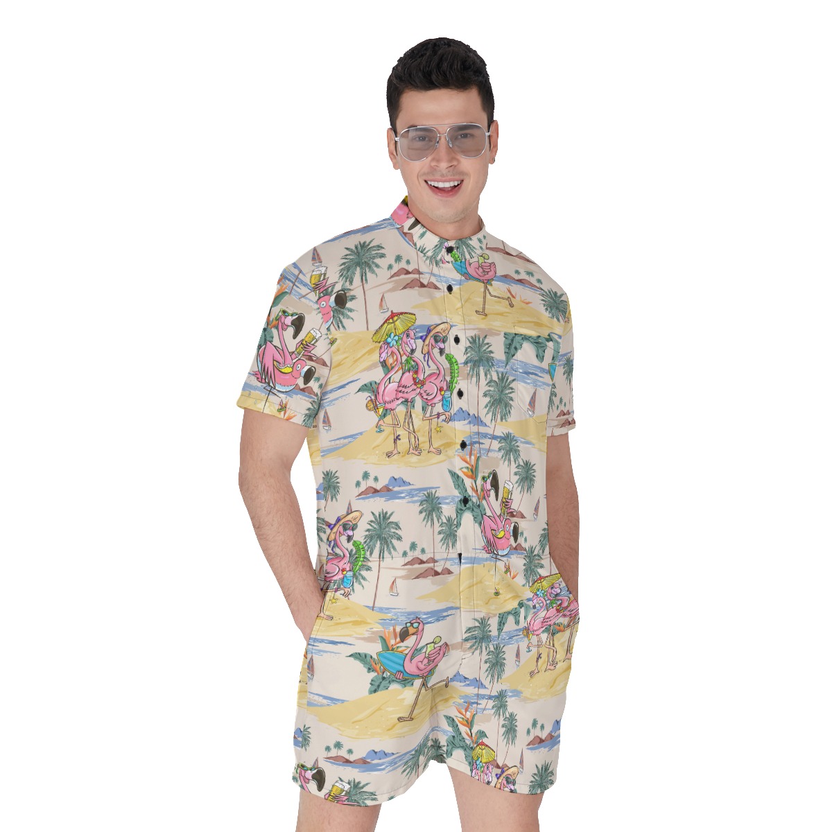 Cute Flamingo On Beach Tropical Hawaiian Romper For Men - variant image 1