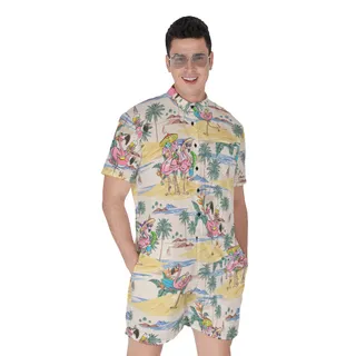 Cute Flamingo On Beach Tropical Hawaiian Romper For Men