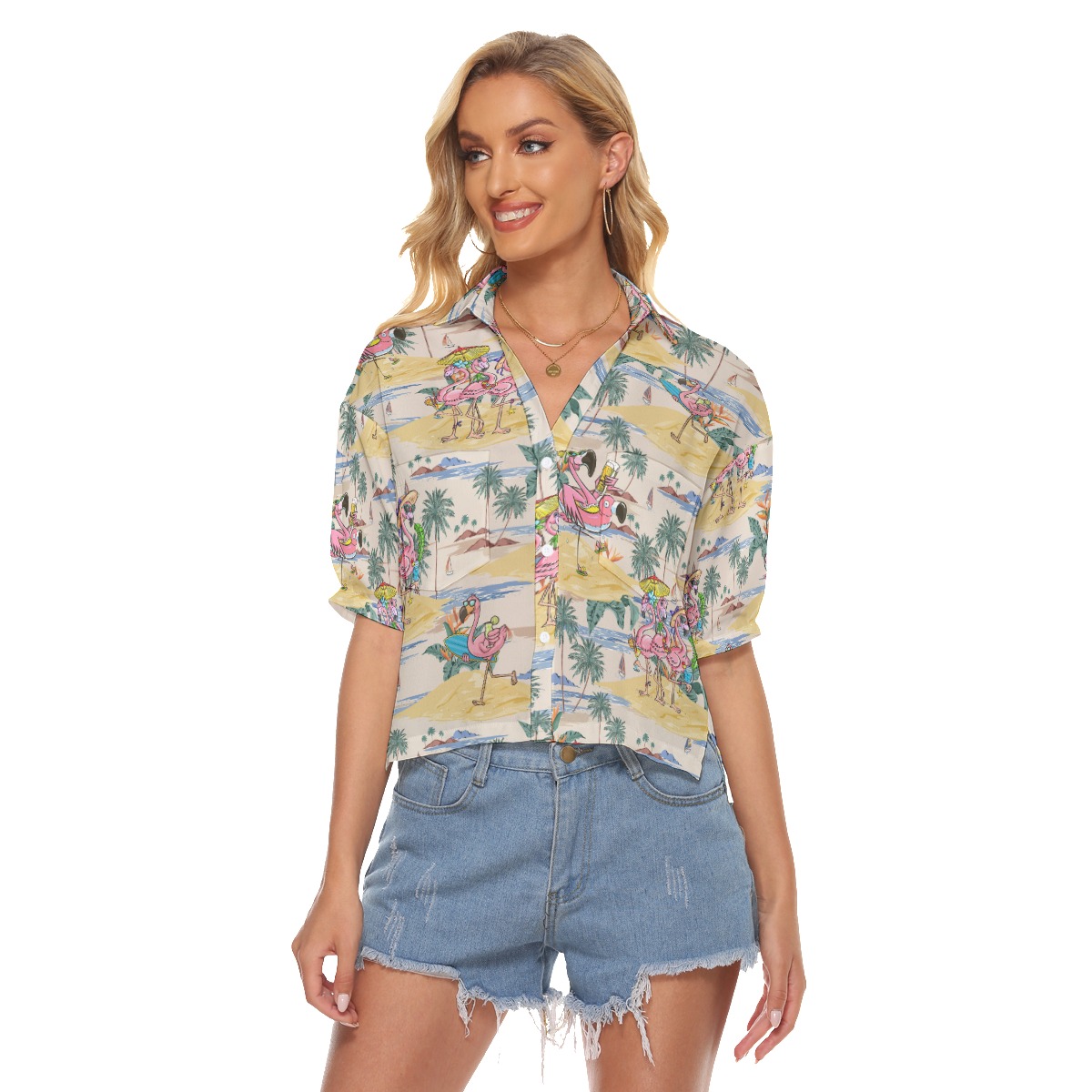Funny Tropical Flamingo Hawaiian Cropped Shirt For Women - variant image 1
