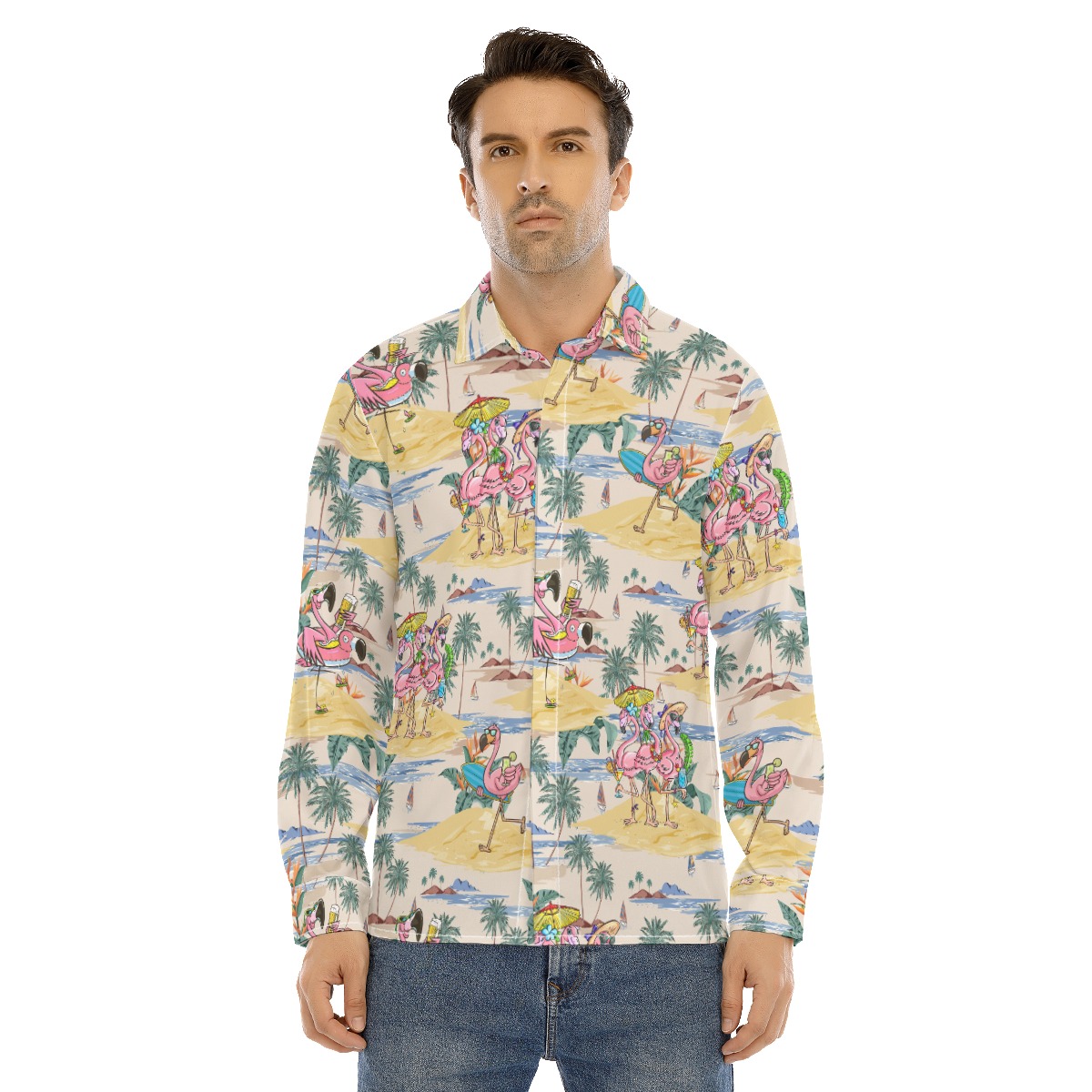 Funny Flamingo Tropical Hawaiian Long Sleeve Shirt For Men - variant image 1