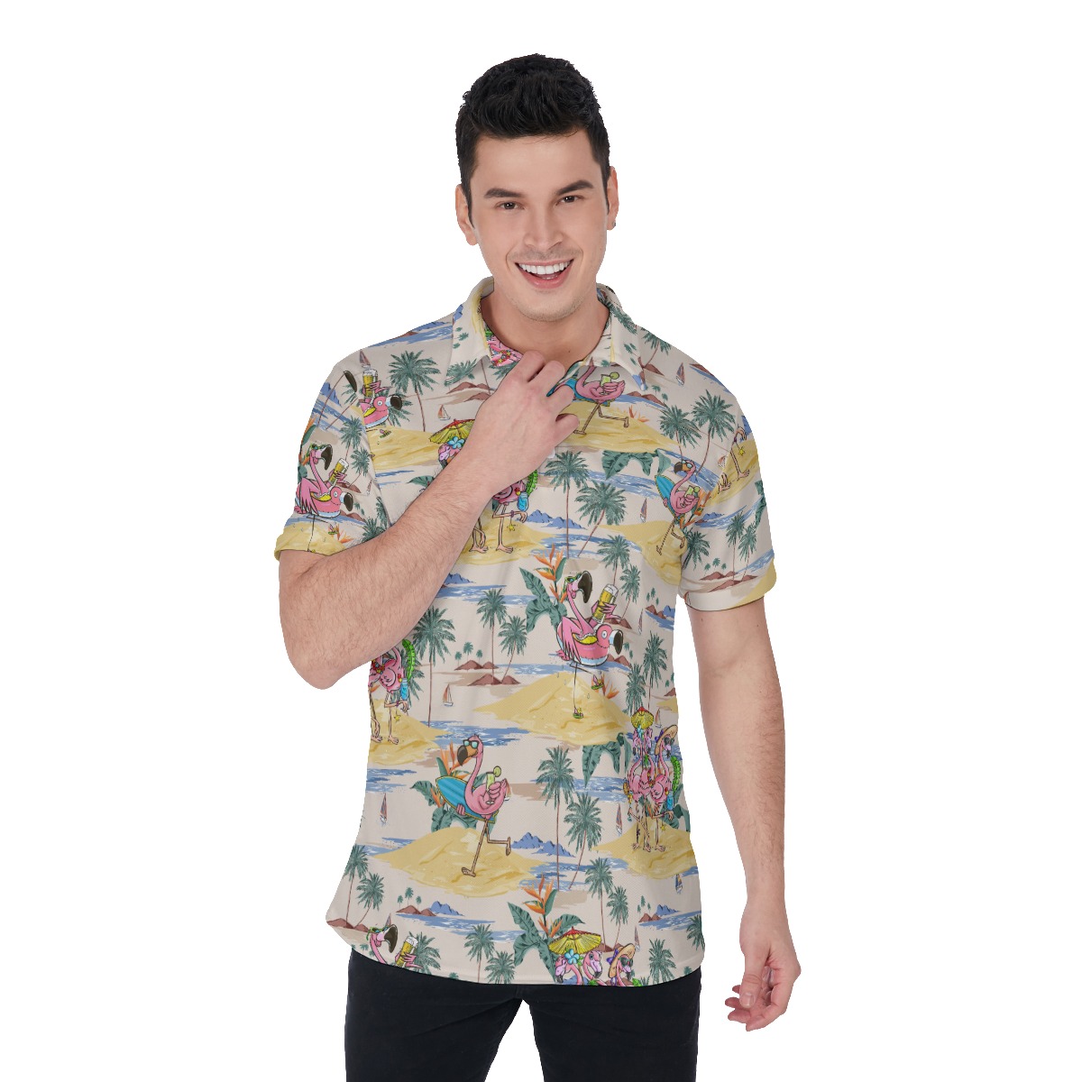 Funny Tropical Flamingo Hawaiian Polo Shirt - variant image 1