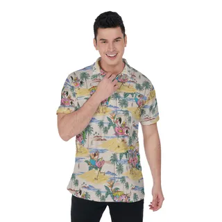 Funny Tropical Flamingo Hawaiian Polo Shirt