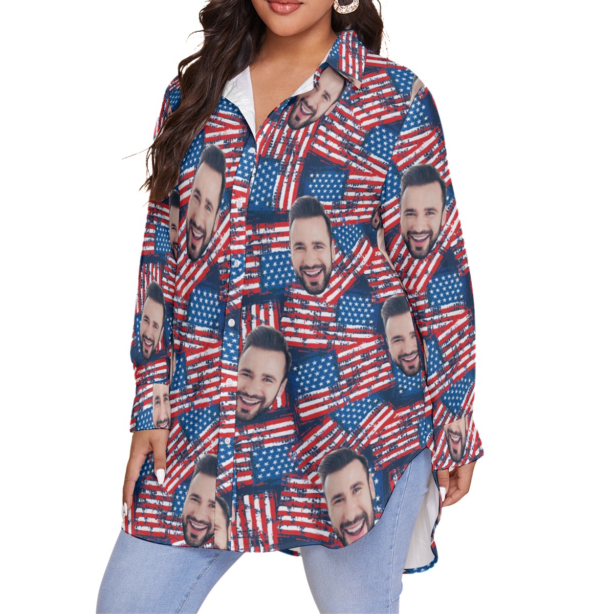 American Flag Custom Face Hawaiian Plus Size Shirt For Women