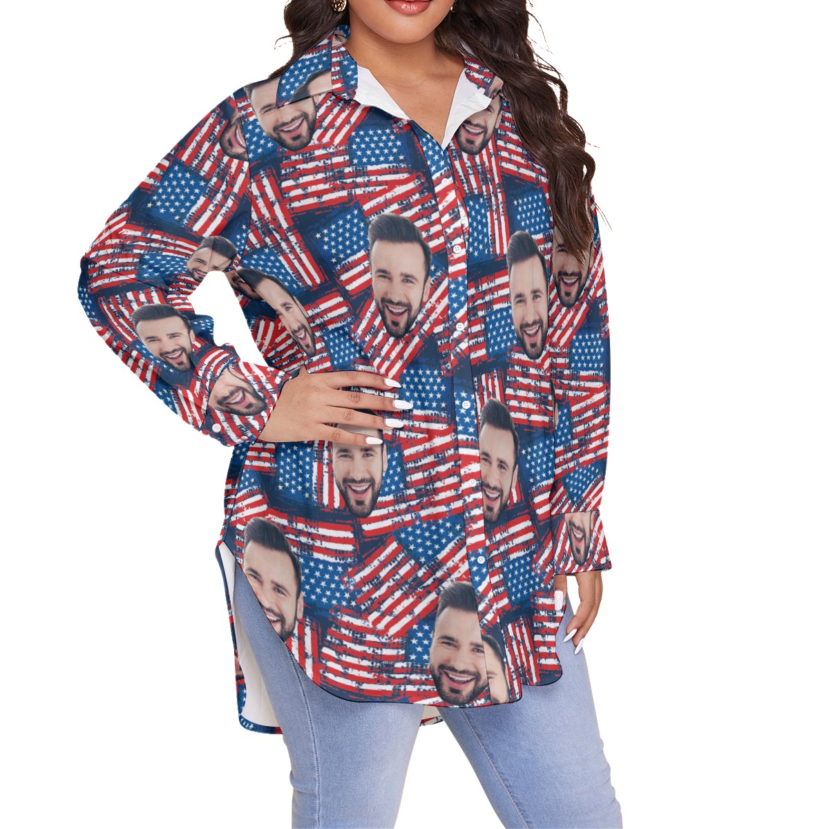 American Flag Custom Face Hawaiian Plus Size Shirt For Women