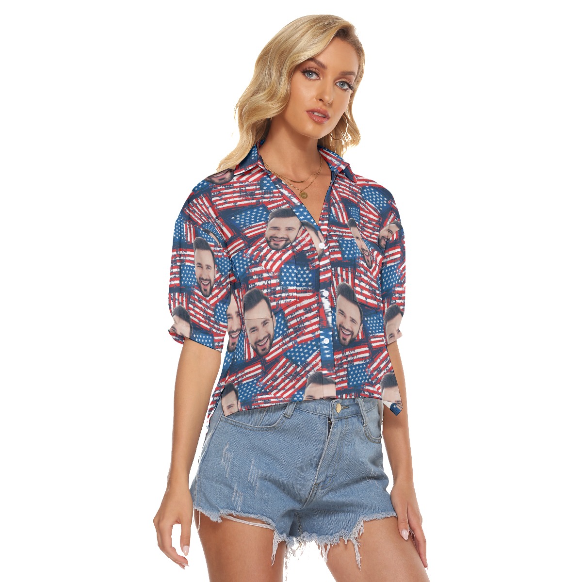 Funny Custom Face Patriotic Hawaiian Cropped Shirt For Women