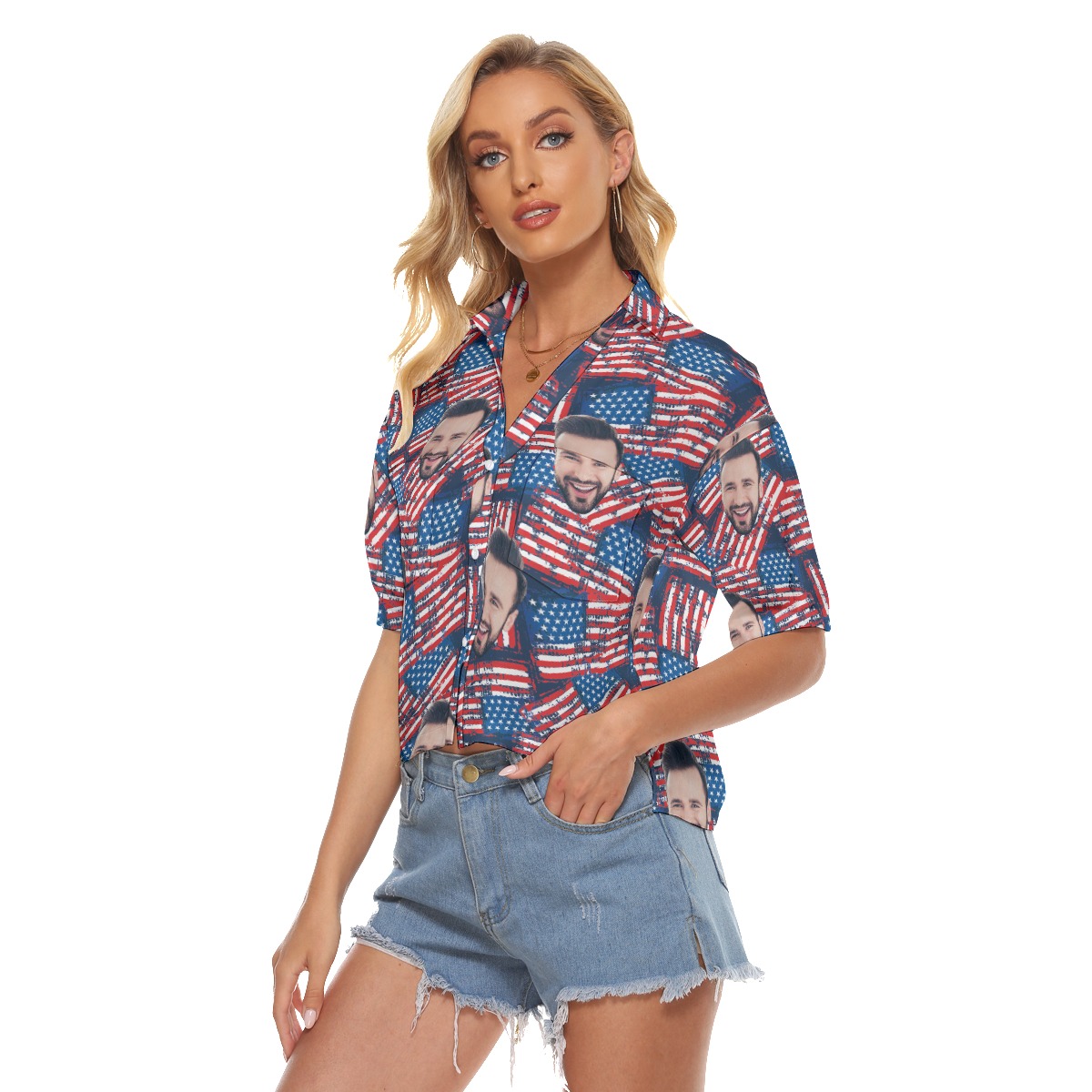 Funny Custom Face Patriotic Hawaiian Cropped Shirt For Women