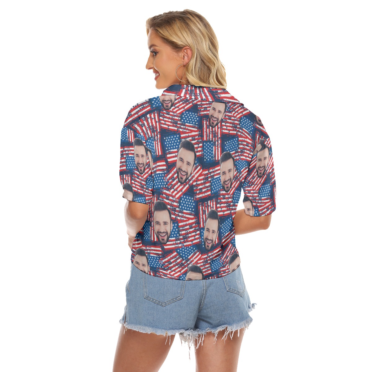 Funny Custom Face Patriotic Hawaiian Cropped Shirt For Women