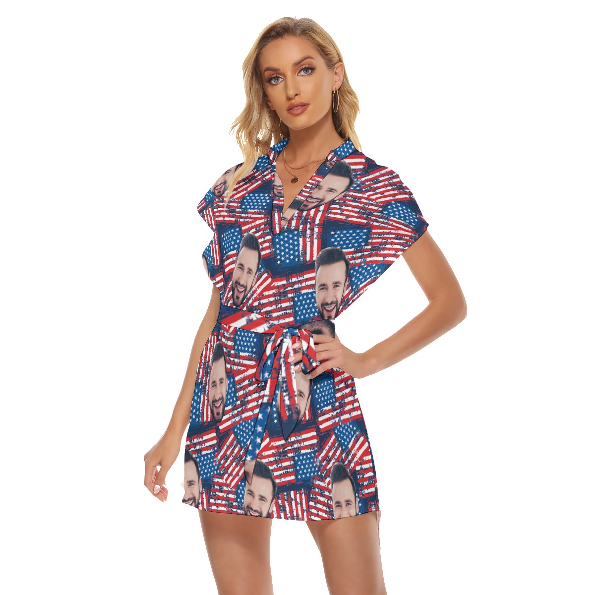 Patriotic Custom Face Hawaiian Dress With Belt For Women