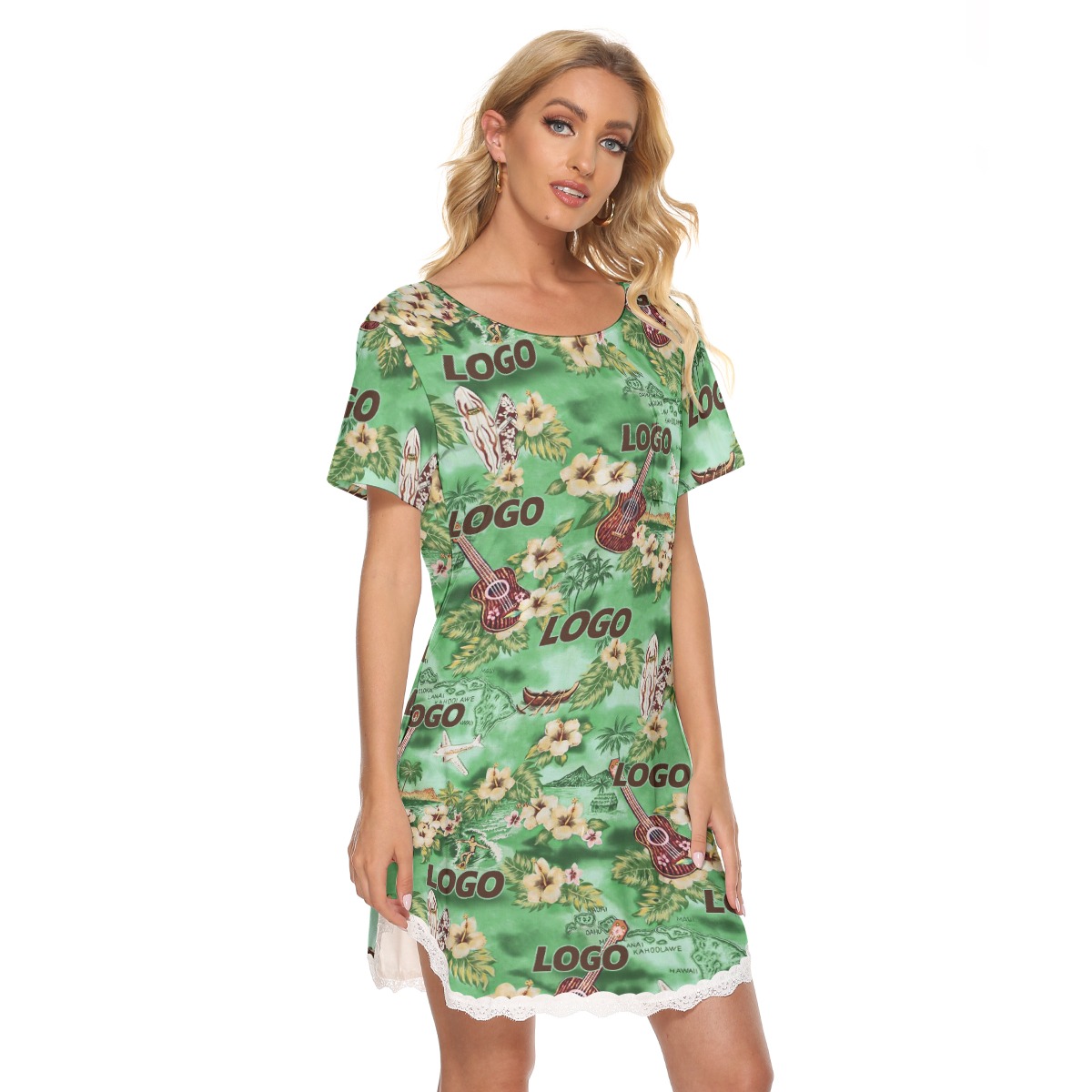 Custom Logo Floral Green Hawaiian Dress With Lace
