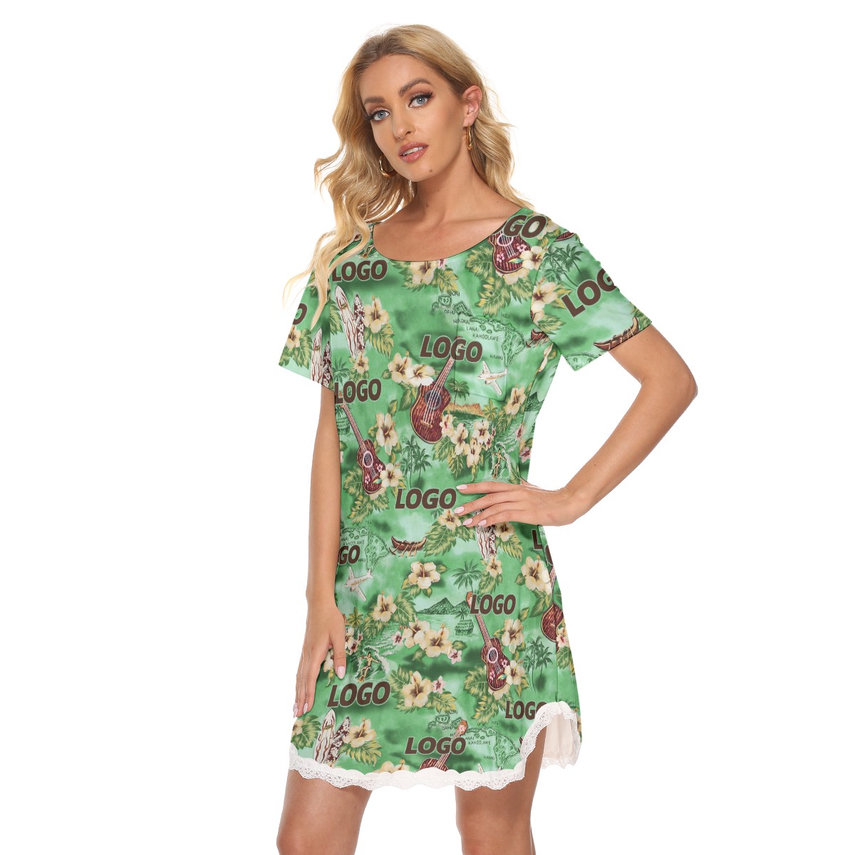 Custom Logo Floral Green Hawaiian Dress With Lace