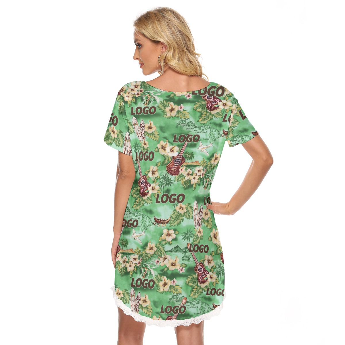 Custom Logo Floral Green Hawaiian Dress With Lace