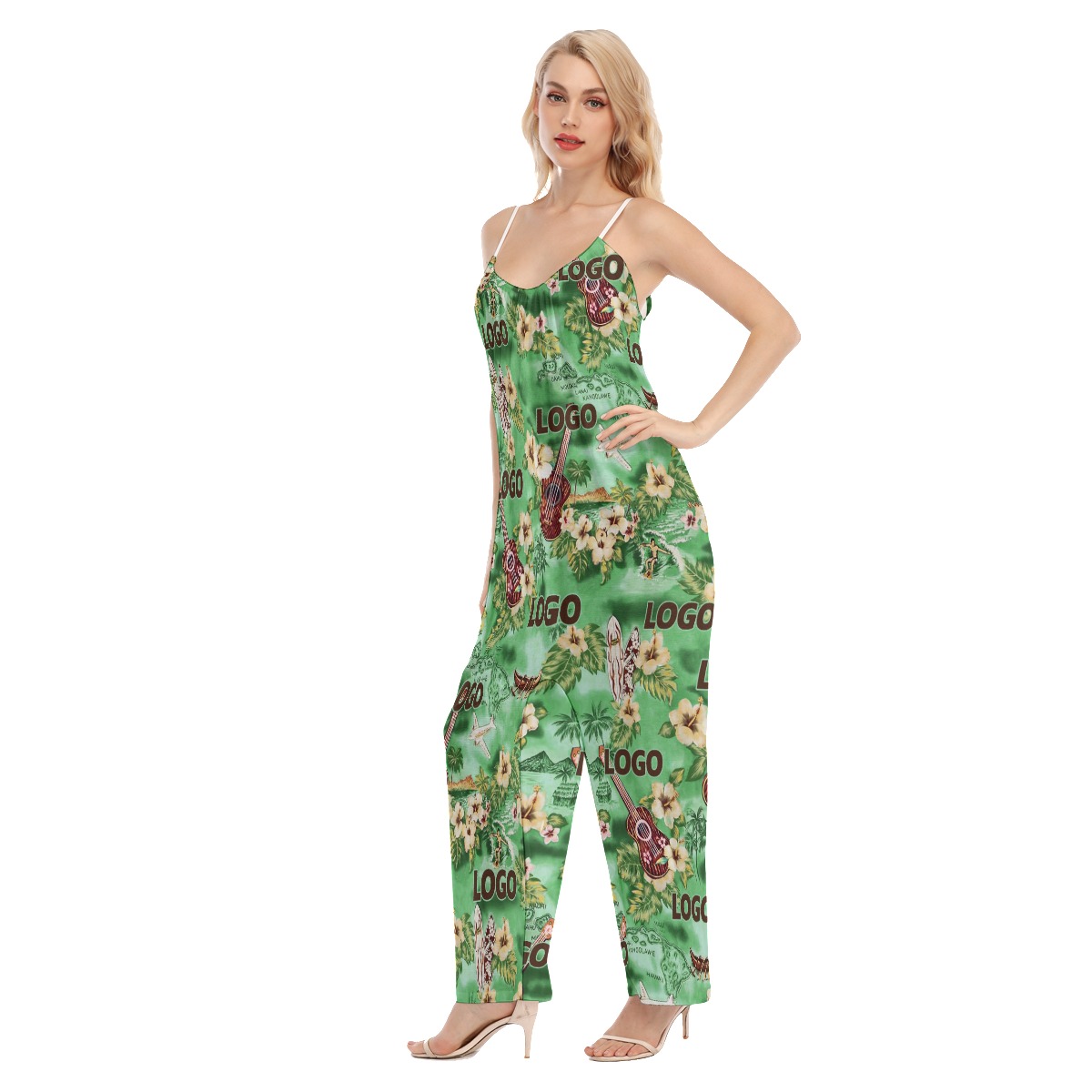 Custom Logo Tropical Green Cami Jumpsuit For Summer Vacation