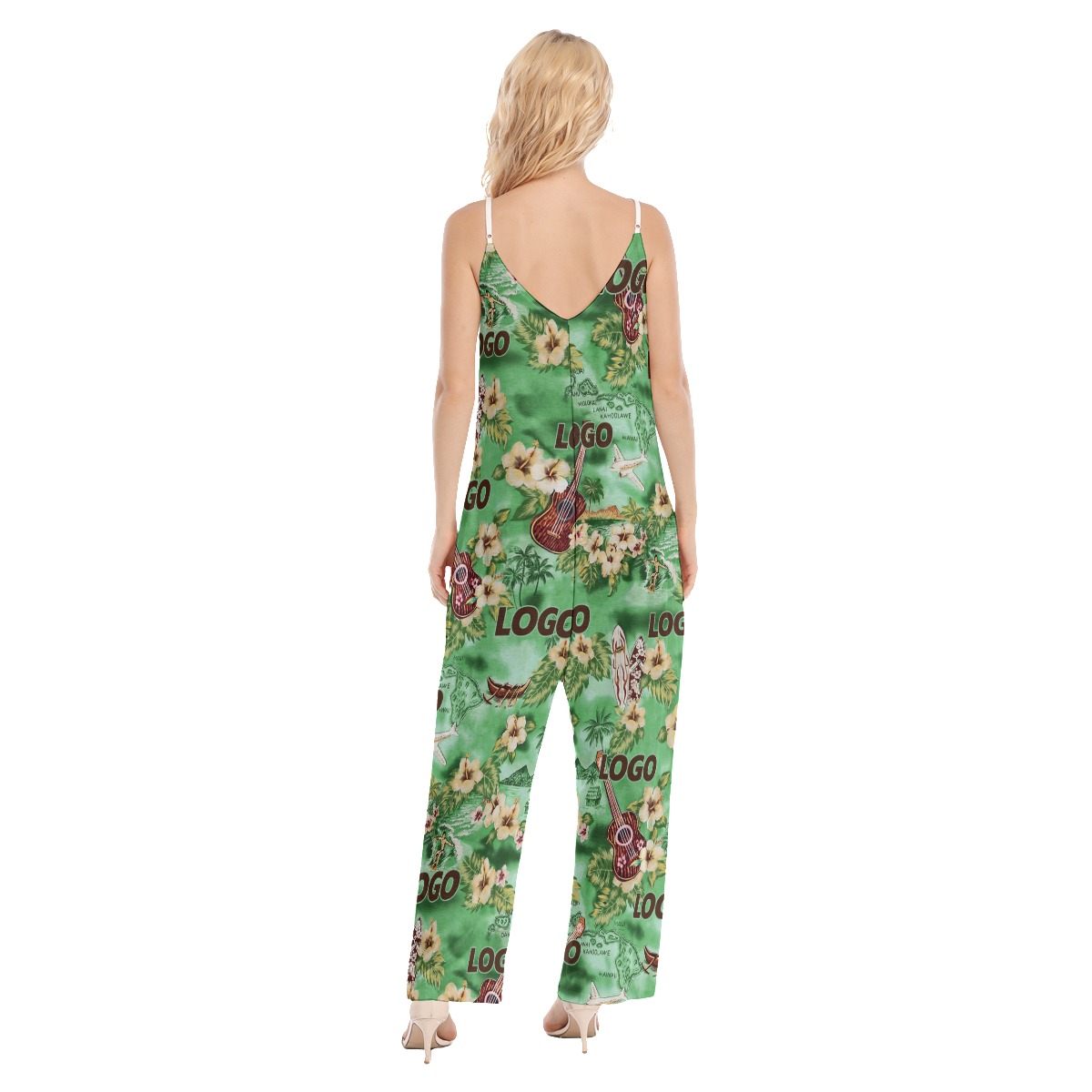 Custom Logo Tropical Green Cami Jumpsuit For Summer Vacation