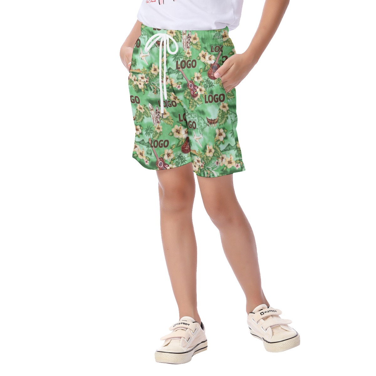 Cute Custom Logo Floral Green Summer Beach Shorts For Kids