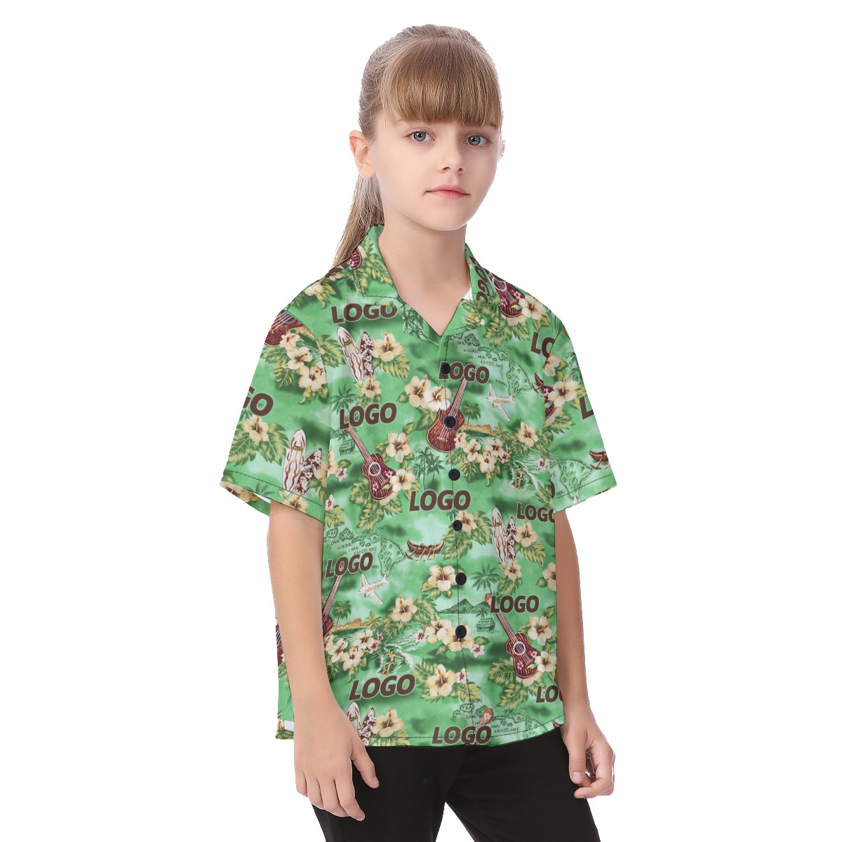 Cute Custom Logo Tropical Green Aloha Shirt For Kids