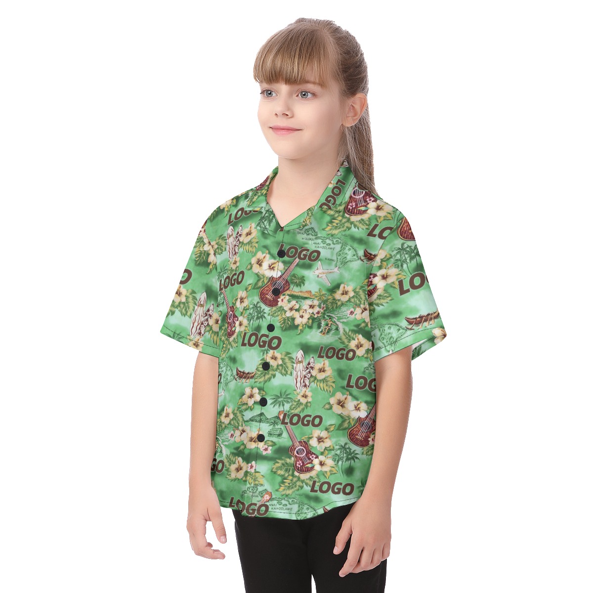 Cute Custom Logo Tropical Green Aloha Shirt For Kids