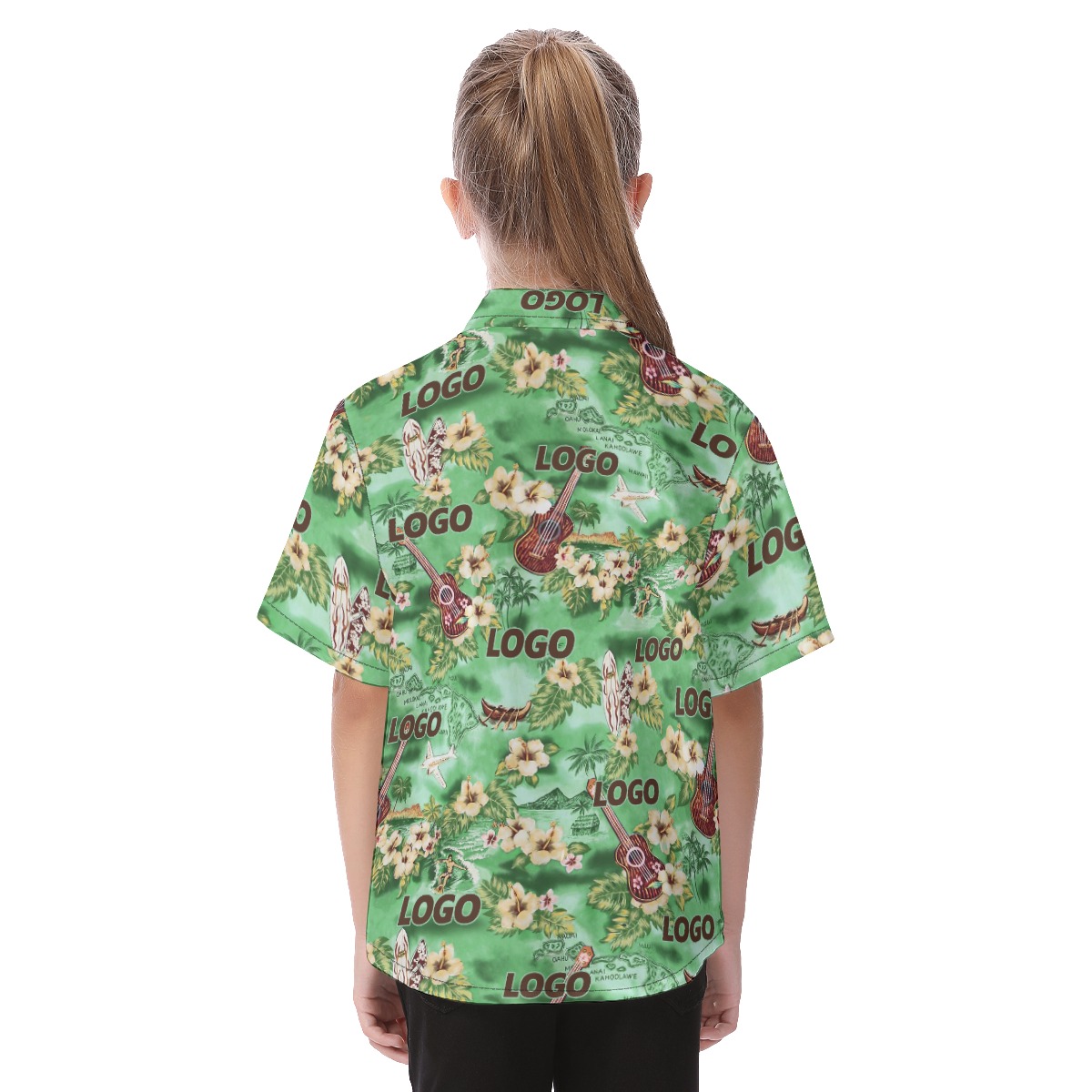 Cute Custom Logo Tropical Green Aloha Shirt For Kids