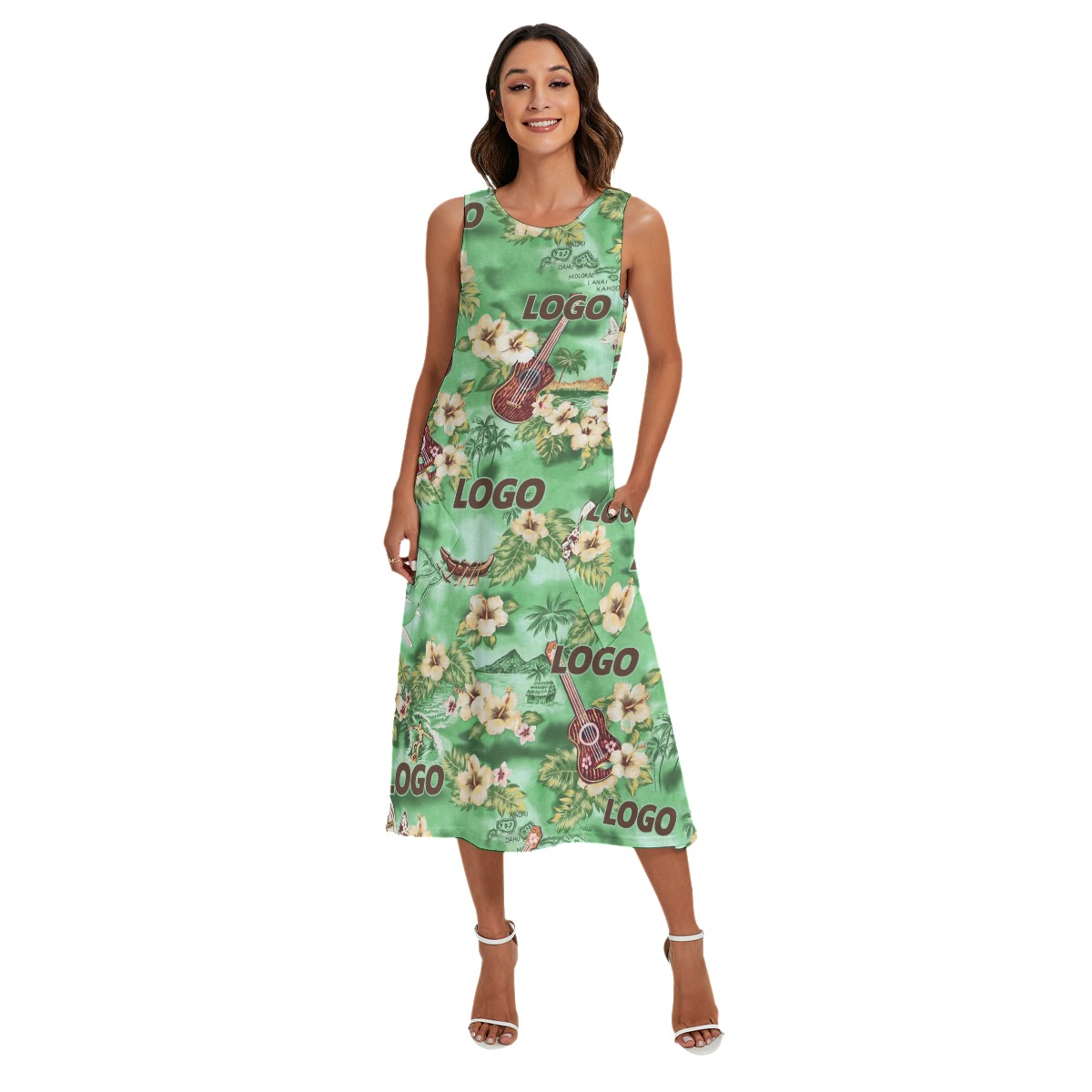 Custom Logo Green Floral Aloha Long Dress With Pockets