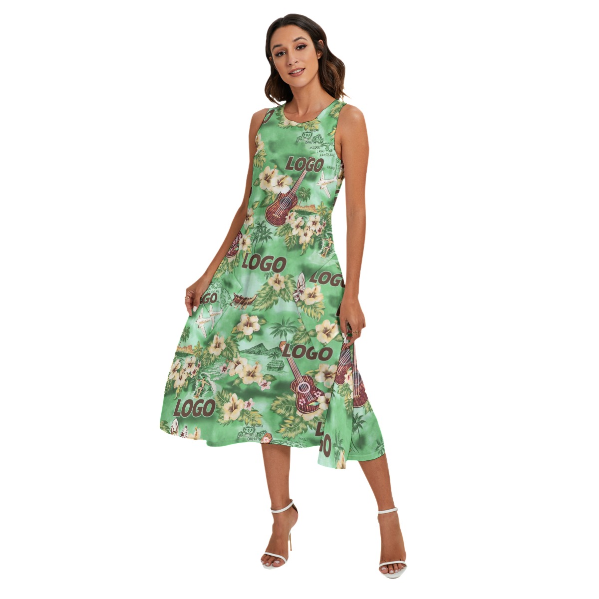 Custom Logo Green Floral Aloha Long Dress With Pockets