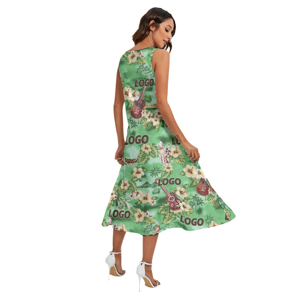 Custom Logo Green Floral Aloha Long Dress With Pockets