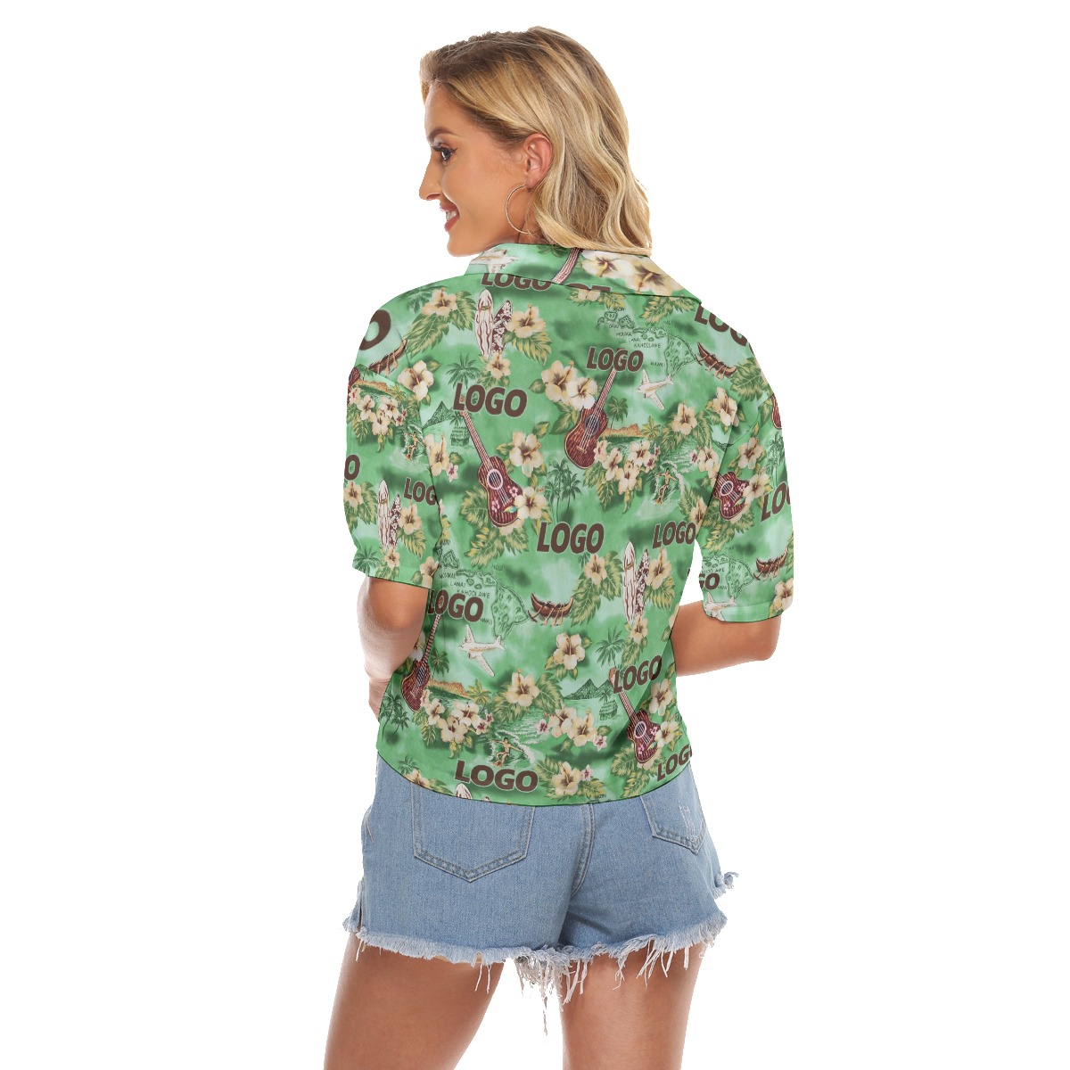 Custom Logo Floral Green Aloha Crop Top Shirt For Women