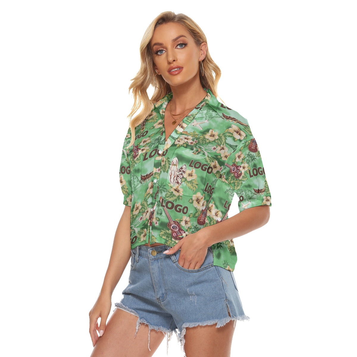 Custom Logo Floral Green Aloha Crop Top Shirt For Women