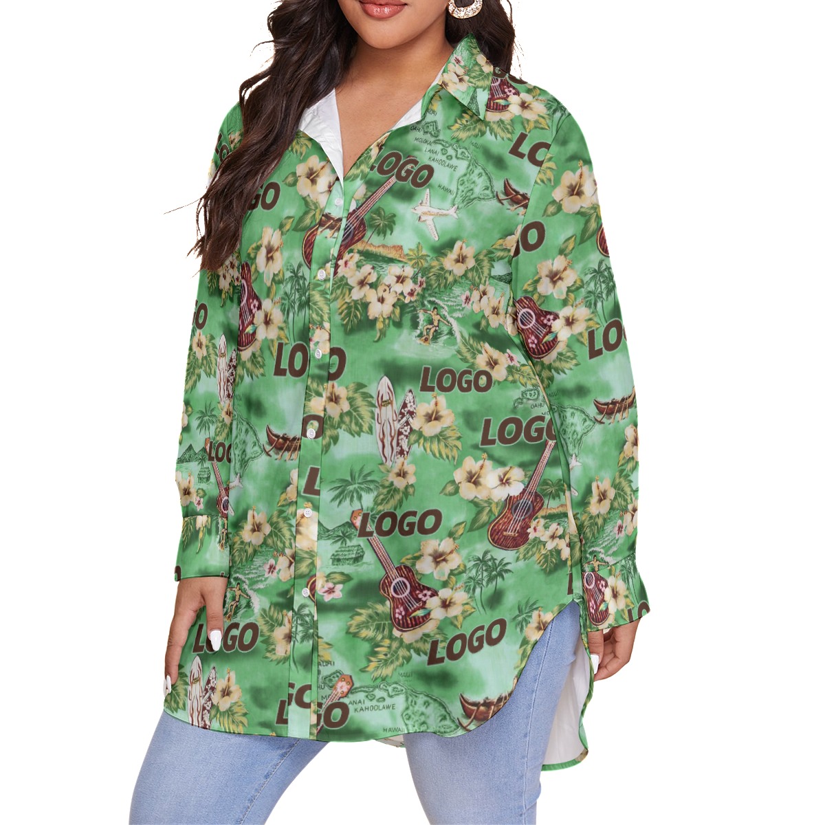 Tropical Custom Logo Green Hawaiian Plus Size Shirt For Women
