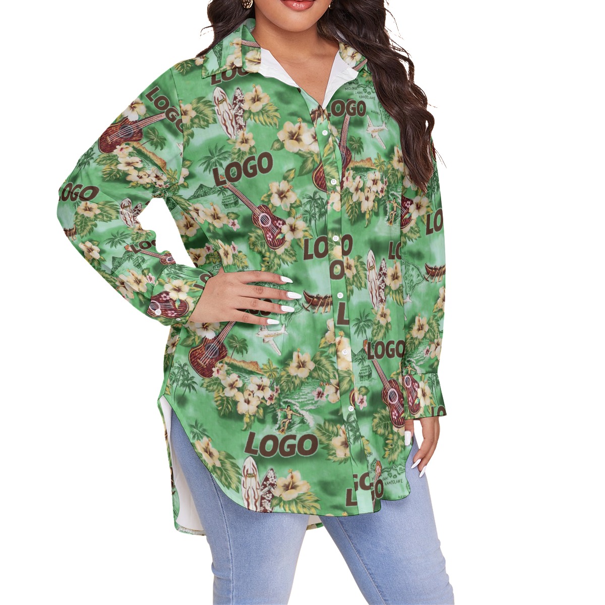 Tropical Custom Logo Green Hawaiian Plus Size Shirt For Women