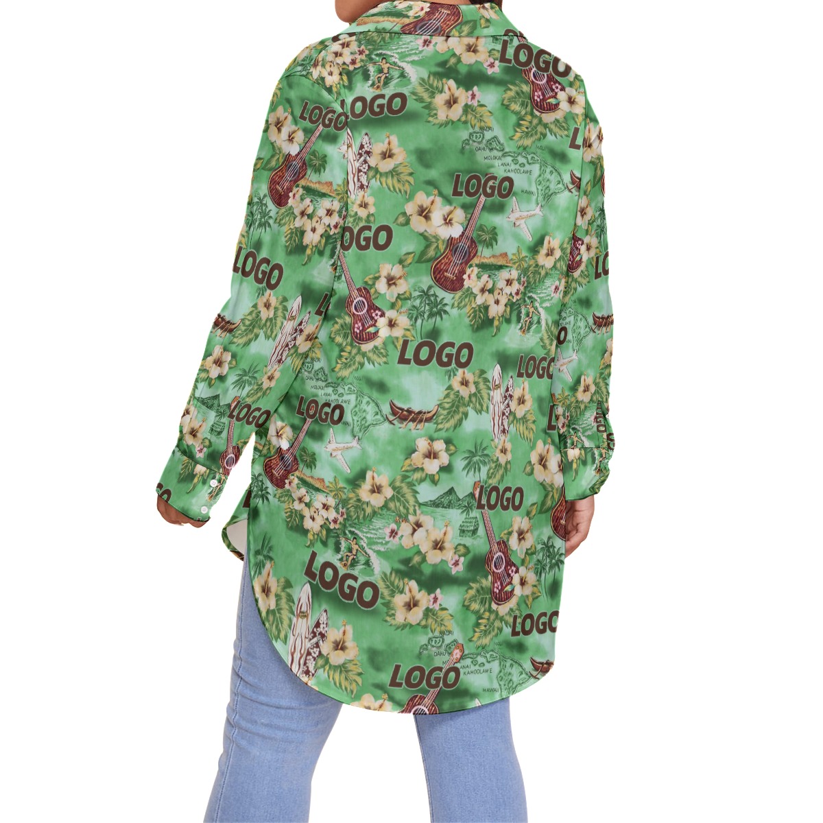 Tropical Custom Logo Green Hawaiian Plus Size Shirt For Women