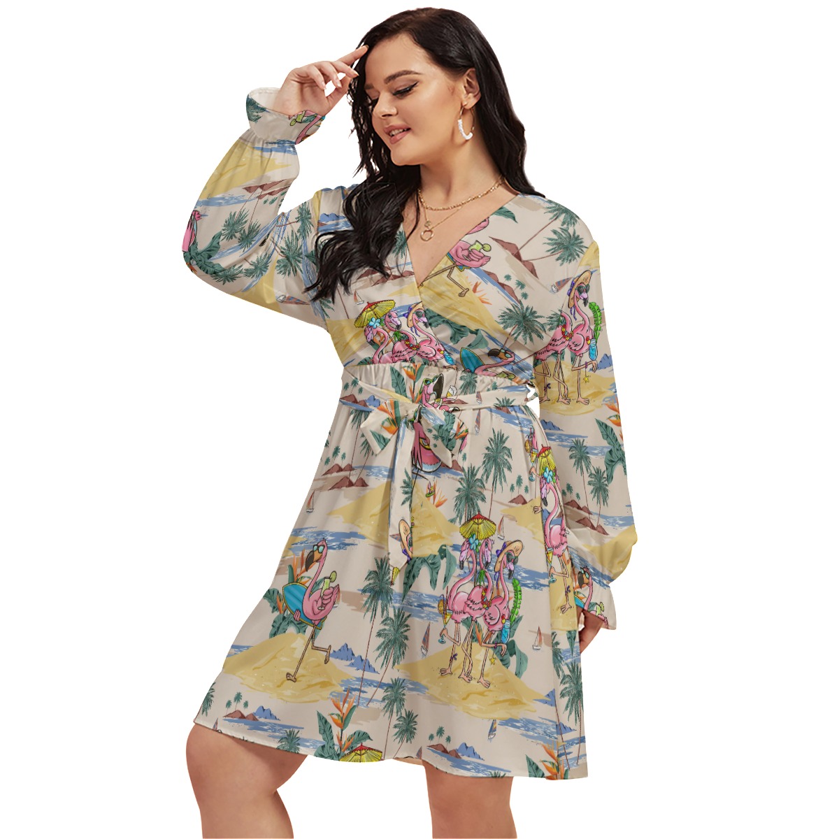 Funny Flamingo On Beach Hawaiian V-Neck Dress Plus Size