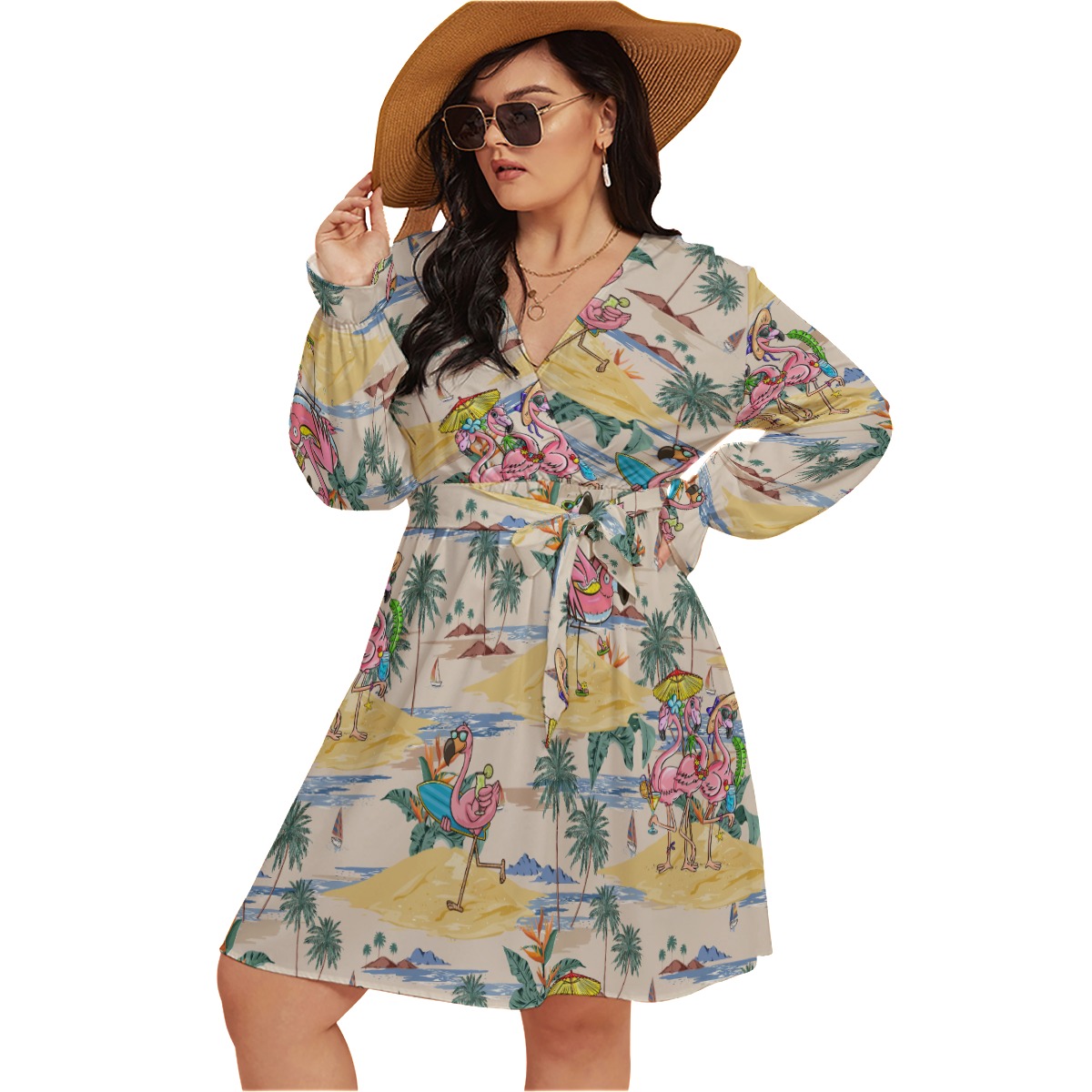 Funny Flamingo On Beach Hawaiian V-Neck Dress Plus Size