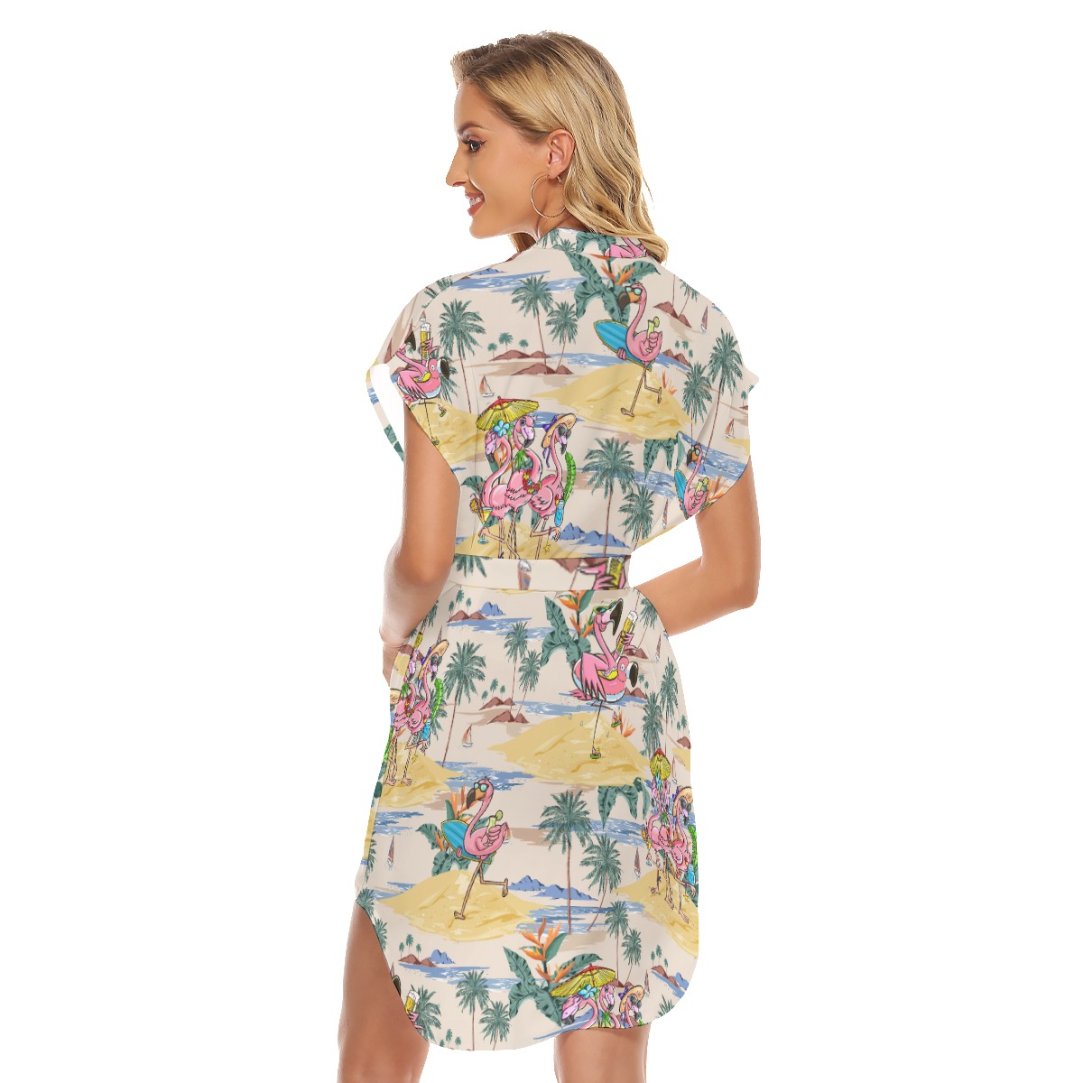 Funny Flamingo On Beach Hawaiian Dress With Belt For Women